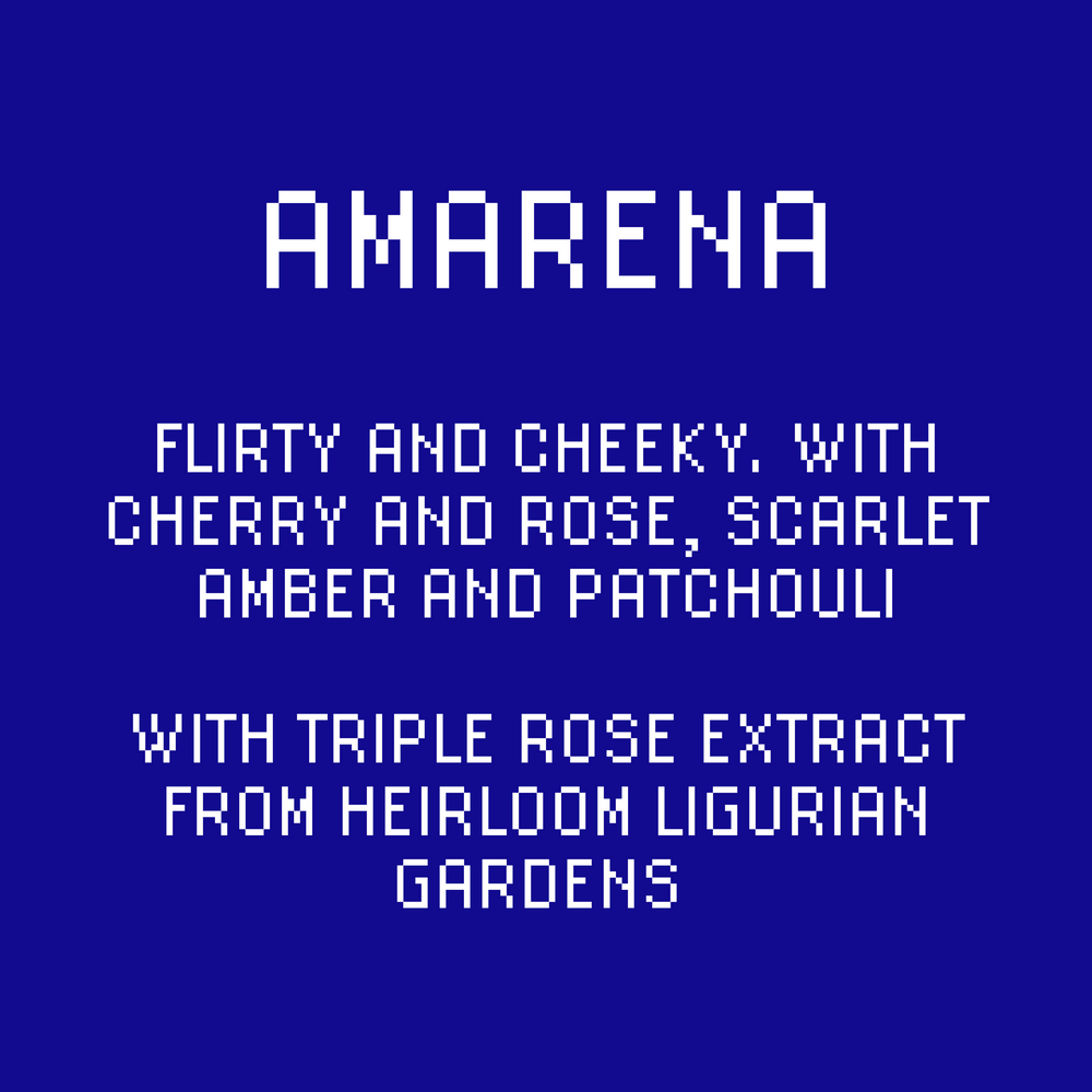 Text: Flirty and cheeky with cheery and rose, scarlet amber and patchouli. With triple rose extract from heirloom Ligurian gardens