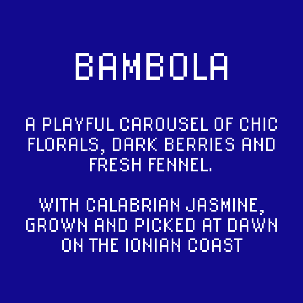 Text: A playful carousel of chic florals, dark berries and fresh fennel. With Calabrian jasmine, grown and picked at dawn on the Ionian coast