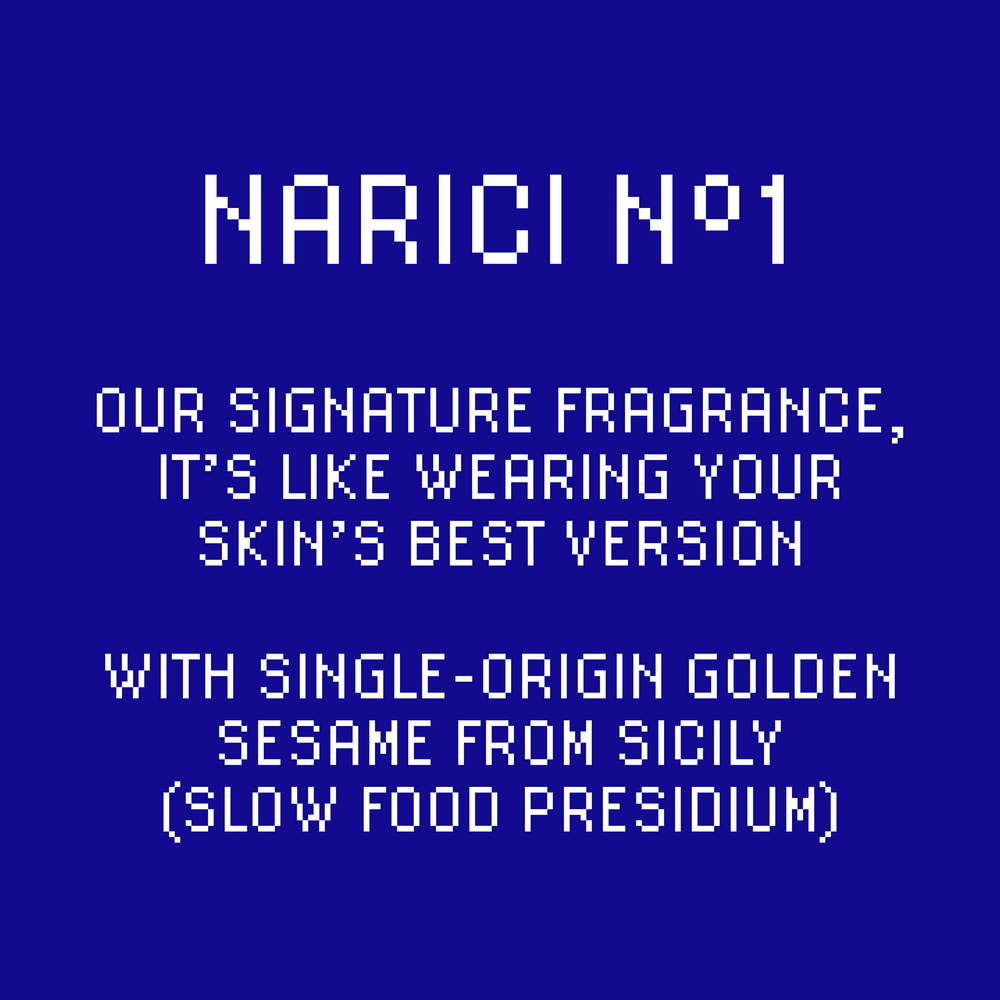 Text: Our signature fragrance, it's like wearing your skin's best version. With single-origin golden sesame from Sicily (slow food presidium)